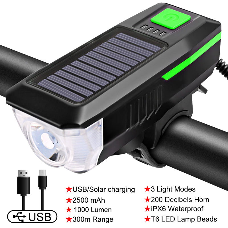 Luz y bocina de bicicleta con panel solar